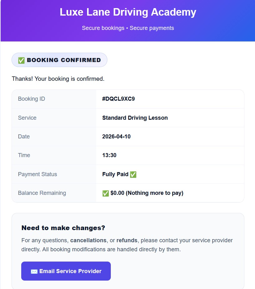 SoloPayLink booking confirmation email shown in a clean premium email layout