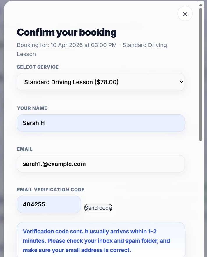 SoloPayLink customer booking page with service selection, date, time slots and secure payment