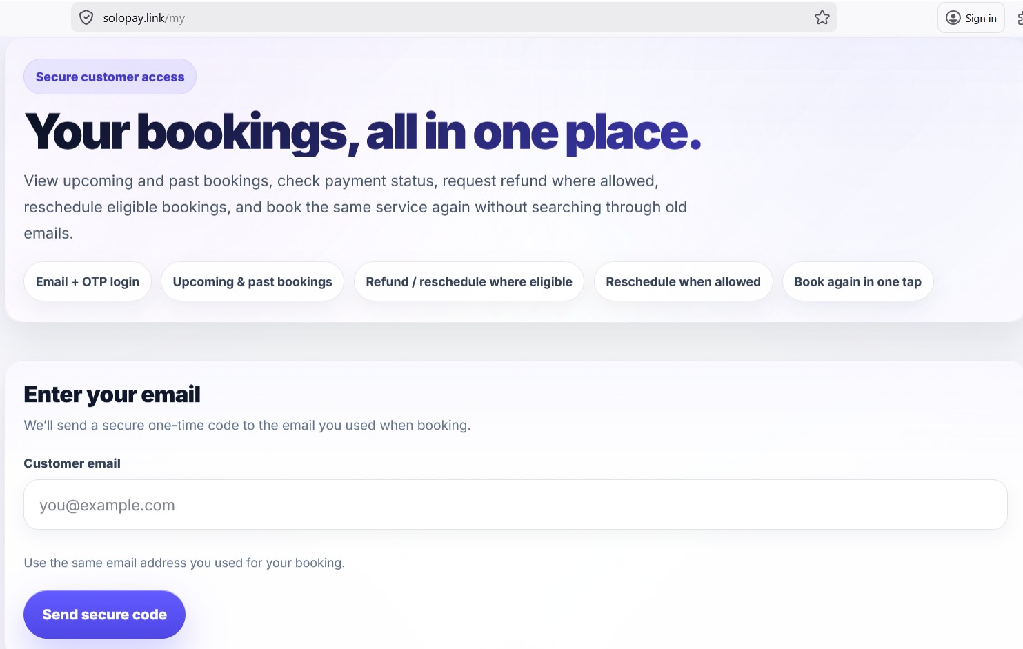 SoloPayLink customer portal showing upcoming bookings, payment status and book again experience