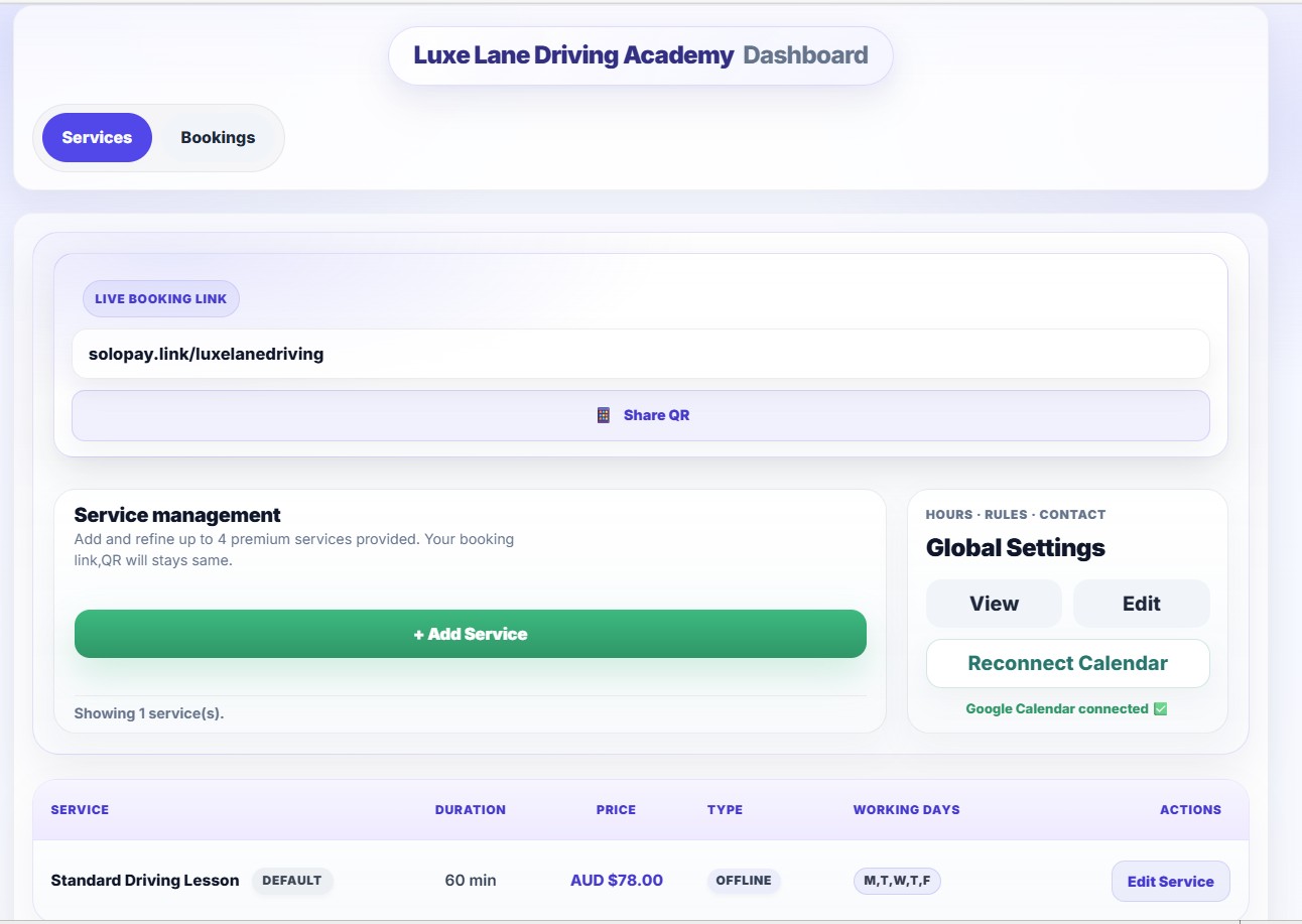 SoloPayLink owner dashboard showing live booking link, services, bookings and connected payment tools