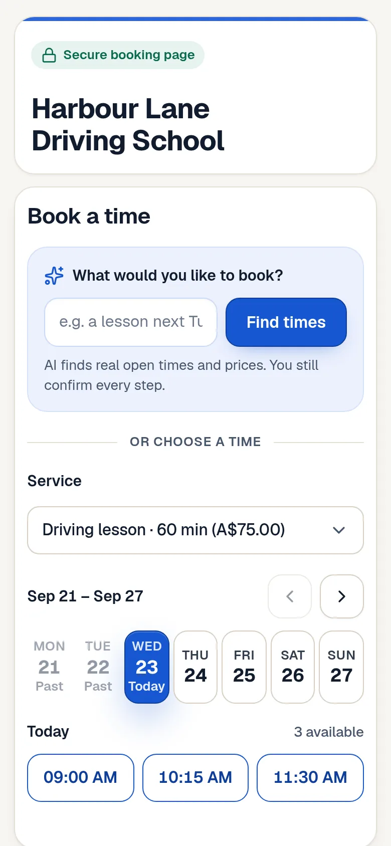 A customer's booking page on a phone: choose a service, a day and an open time
