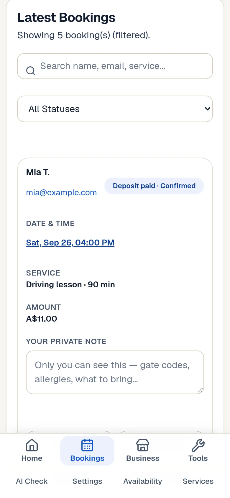 The bookings list on a phone: each appointment with its payment status and a private note