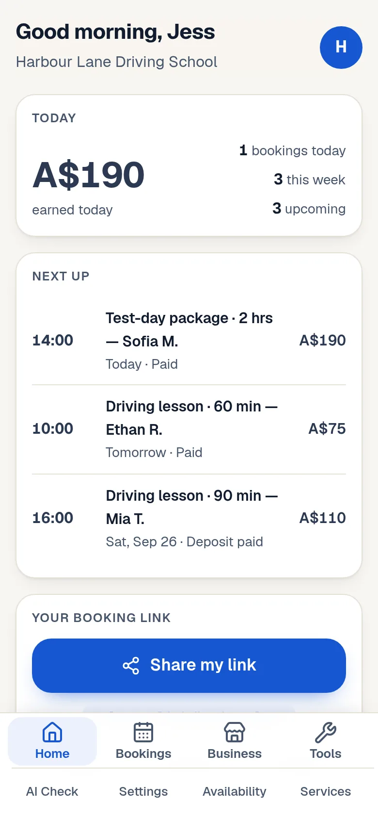 SoloPayLink owner home on a phone: today's earnings, next appointments and the Share my link button