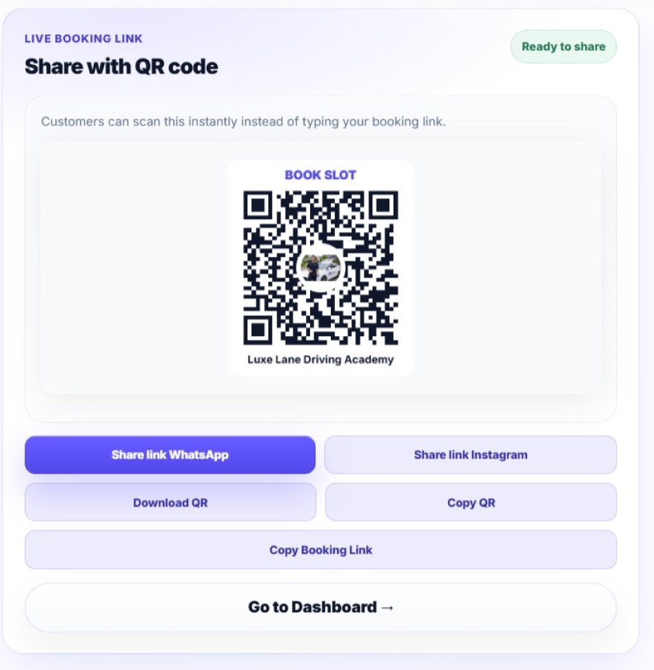 SoloPayLink booking QR code and public booking link ready to share with customers