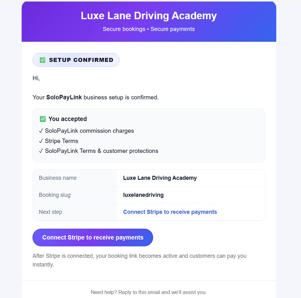 SoloPayLink setup screen where a solo business owner creates a public booking link